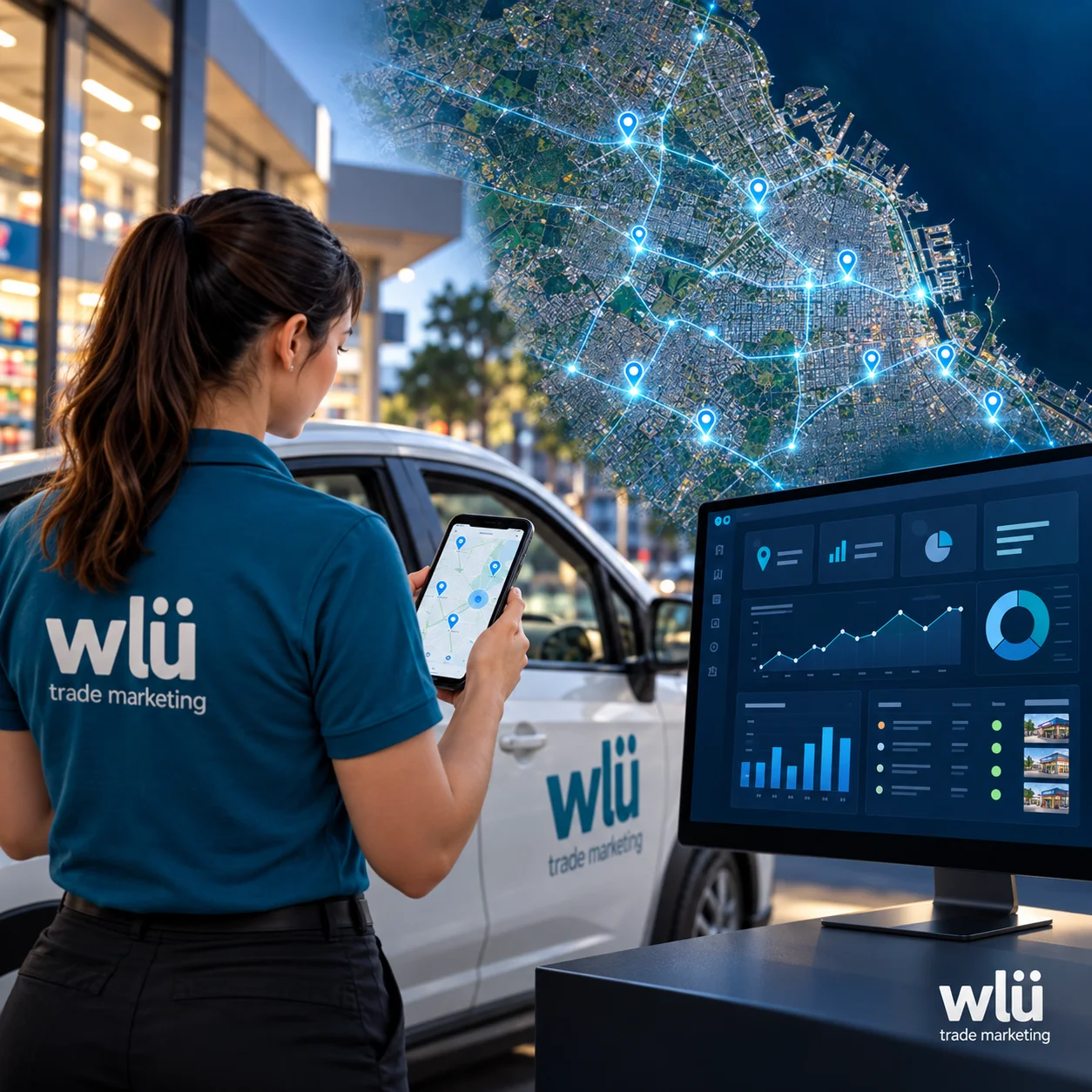 Representación de una relevadora de WLü junto al vehículo y al tablero